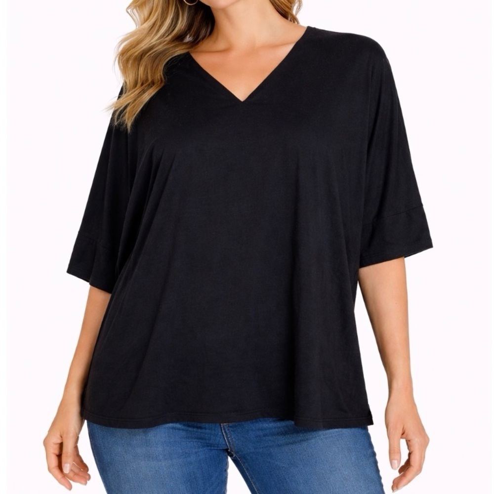 Natori top blouse T-shirt boxy black V-neck short sleeve SZ XL basic layering